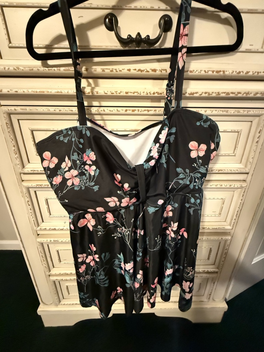 Black Floral Swim Top with Pink & Teal Blooms